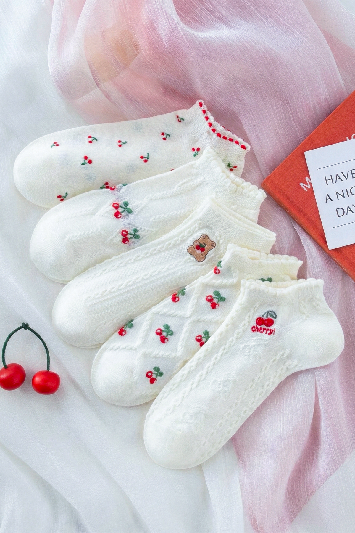 Kadın Soft 5'Li Set Organik Pamuk Patik Çorap Kiraz Desenli Premium Kalite