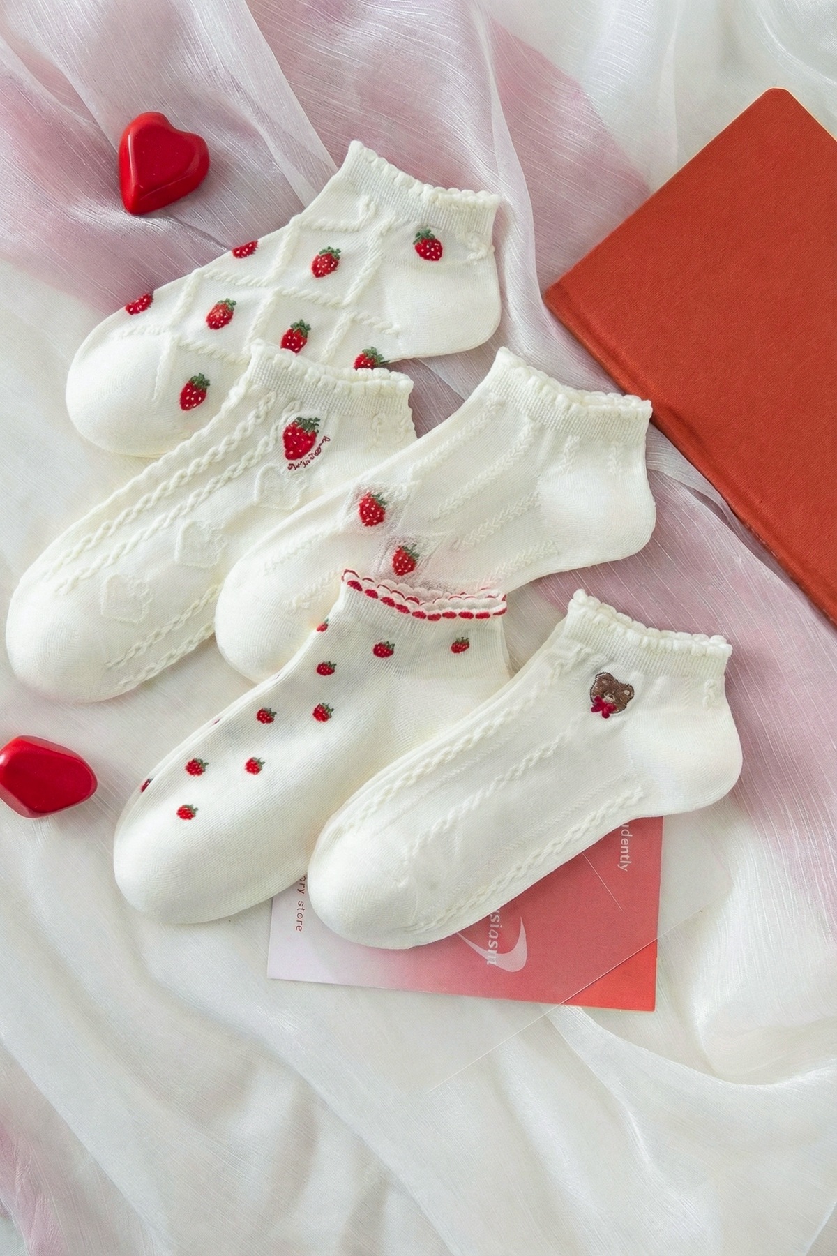 Kadın Soft 5'Li Set Organik Pamuk Patik Çorap Çilek Desenli Premium Kalite