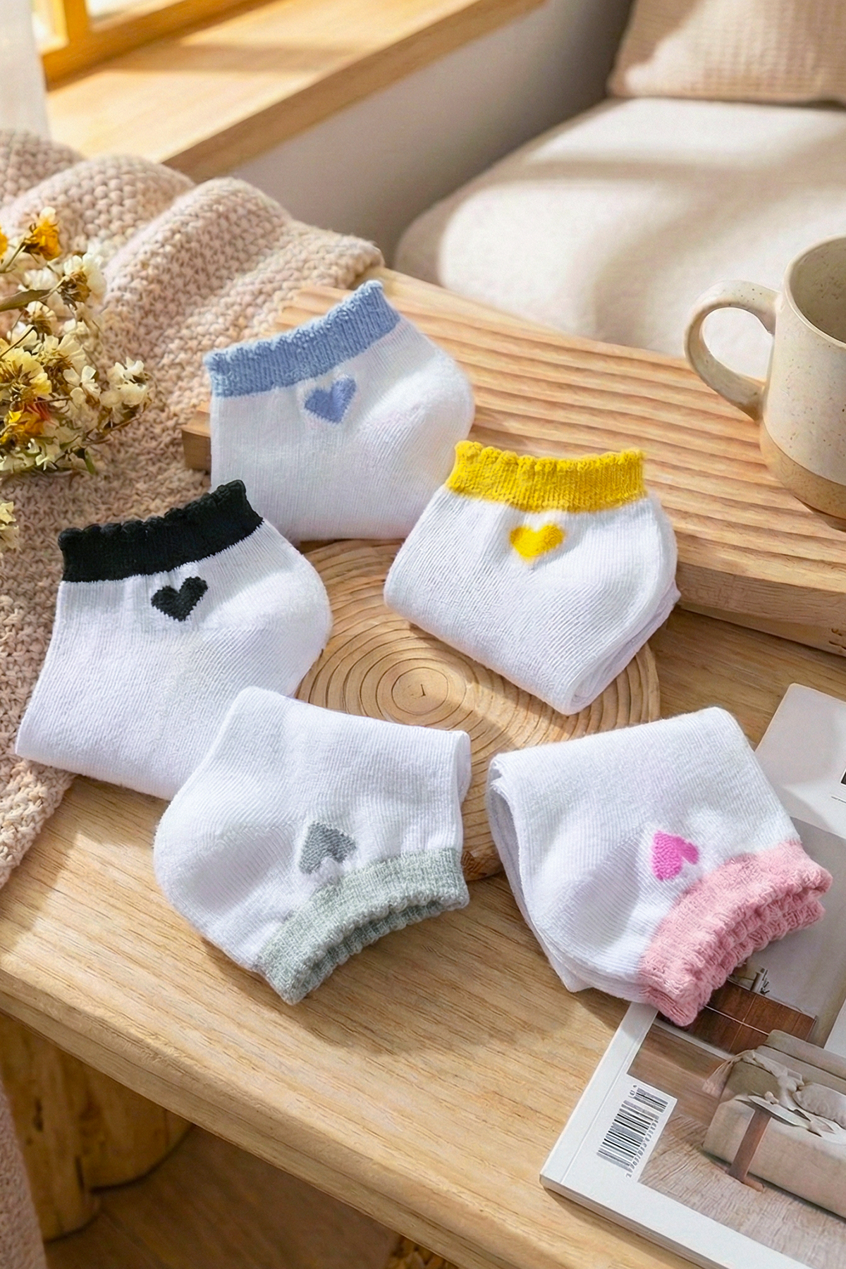 Kadın Soft 5'Li Set Patik Çorap Beyaz Kalp